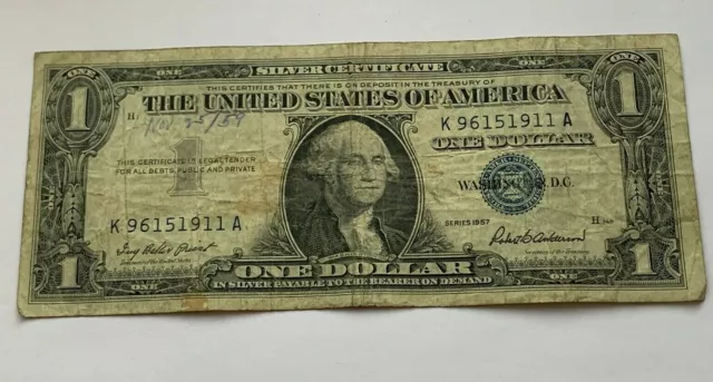 1957 $1 Dollar Bill Silver Certificate Blue Seal Note U.s Currency