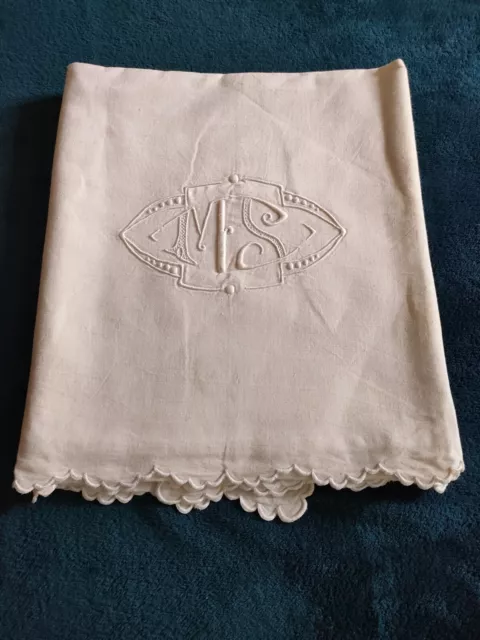 Ancien drap en métis monogramme MS festonné retour sur 52,5 cm  drap 29 ref 919