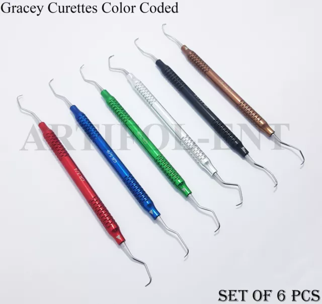 Dental Gracey Curette Hollow Aluminum Handle Multi Colour Coded  6 Pcs Set