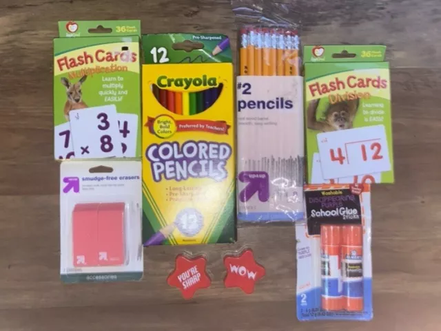 Back 2 School Supplies BUNDLE Colored Pencils, Glue, Erasers, Flash Cards, etc