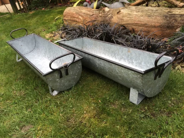 2X Trough Vintage Style Grey Zinc Galvanised Metal Garden Planter Flower Tub Pot