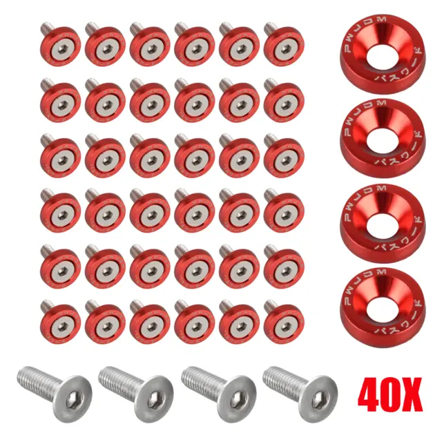 40PC JDM Billet Aluminum Fender Bumper Washer Bolt Engine Bay Dress Up Kit Red