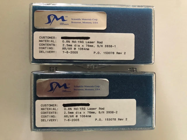(2) New! SMI 0.8% YAG Laser Rods; 2.5 x 76 mm; AR/AR @ 1064nm