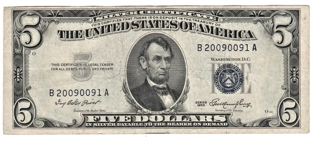 CRISP 1953 Five Dollar  Silver Certificate Bill Blue Seal Note Nicely Circulated