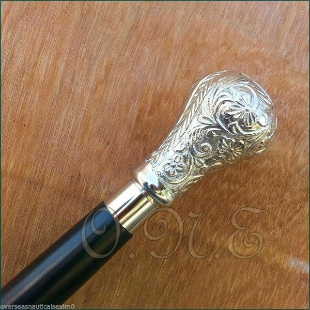 Brass Silver Head Walking Cane Vintage Solid Wooden Black Designer Stick