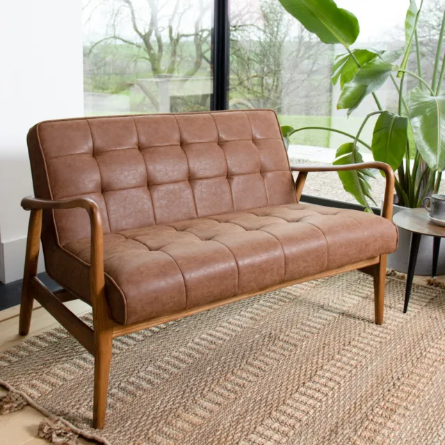 Tan Faux Leather Sofa Retro Sofa Mid-Century Modern Sofa Couch Waiting Room