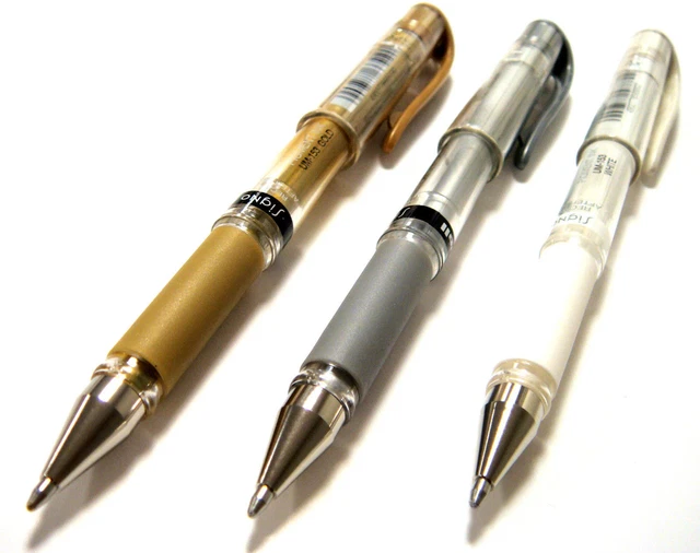 6 X Uni-Ball UM-153 Signo Gel Impact Large Balle Roller - Blanc - Doré - Argent