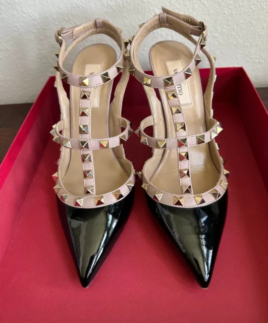 Valentino Garavani Rockstud Patent Caged Pump Heels Size 38 Black/Poudre