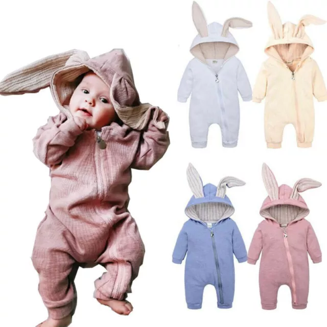 Newborn Baby Kids Boy Girl Rabbit Bunny Ears Jumpsuit Zip Hooded Romper Playsuit