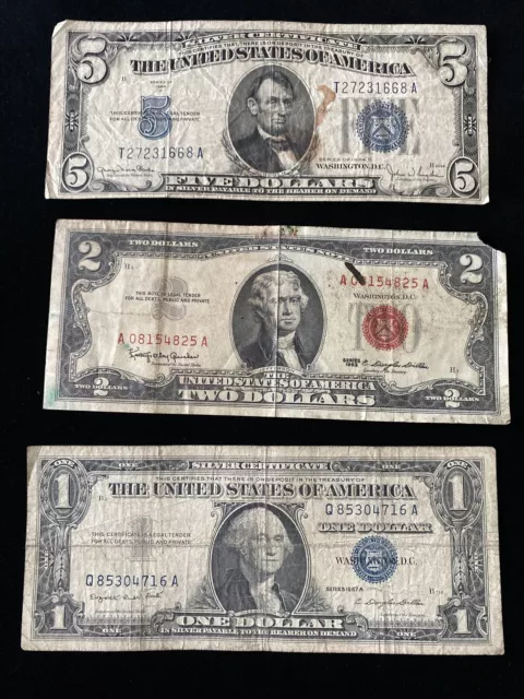 RARE Lot $1 1935 1957 $5 1934 Blue Seal Silver Certificate $2 1953 1963 Red Bill