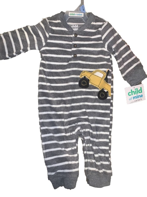 Carters Infant Boys Gray & White Stripe Monster Truck Fleece Coverall-NWT-3/6mon