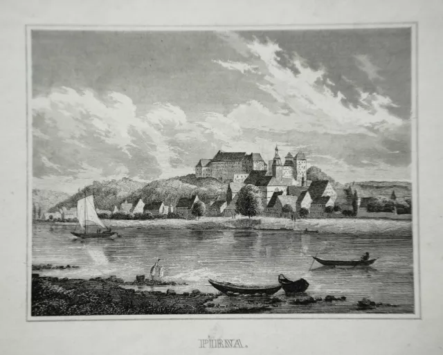 Pirna Sachsen Elbe Schiff echter alter Stahlstich 1842