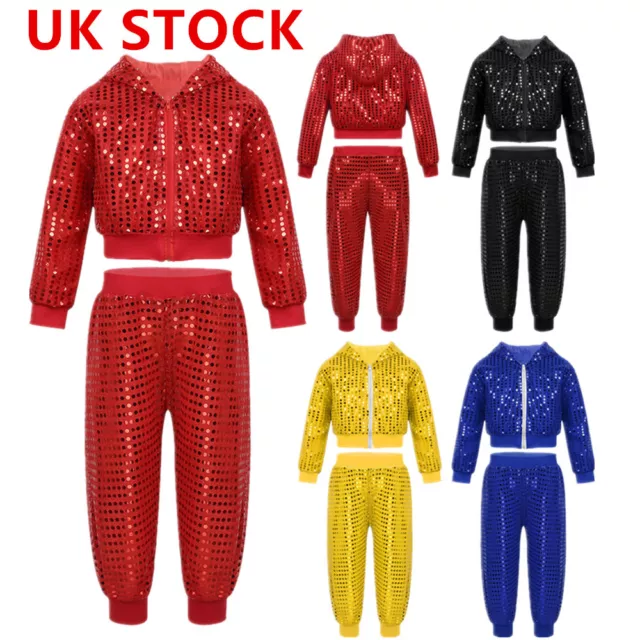 UK Boys Girls Sequined Long Sleeve Hooded Clothing Set Hip-Hop Jazz Jacket Pants