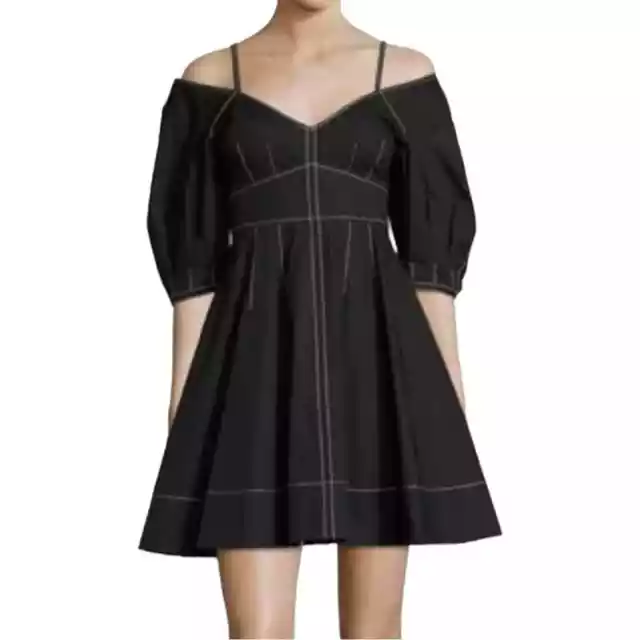 Derek Lam 10 Crosby Mini Dress 10 Black Poplin Off Shoulder Puff Sleeve Pockets