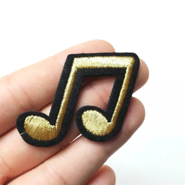 Double Musical Beam Note Patch, Iron-On/Sew-On Embroidered Motif, Black & Gold