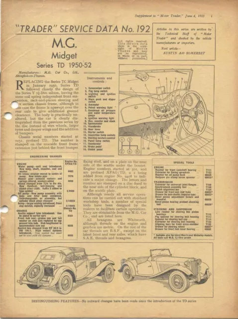 MG Midget TD Series 1950-52  Motor Trader Service Data No. 192 1952