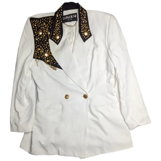 Vtg 1980s Criscione White Black Studded Chain Double Breasted Blazer Jacket M