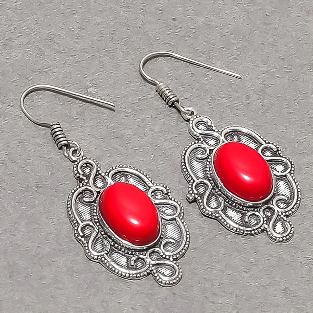 Boucles D'oreilles Pendantes Rouge Vif - Perles Résine Argentées - Fait Main