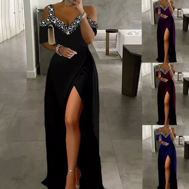 UK Sexy Womens Off Shoulder V Neck Cocktail Party Evening Gown Split Long Dress