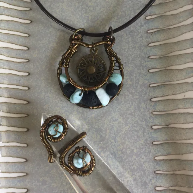 Larimar & Lava Bead Necklace and Ring Set-Larimar Essential Oil Diffuser Pendant