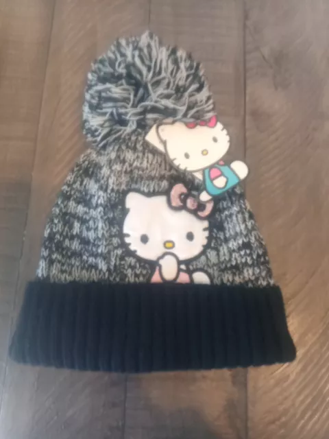 Hello Kitty Winter Knit Beanie Cap Hat Cuff & Pom Pom  NWT Girls 4-14