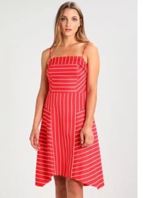 Banana Republic Red Mix Stripe Midi Fit & Flare Handkerchief Hem Dress Size 10