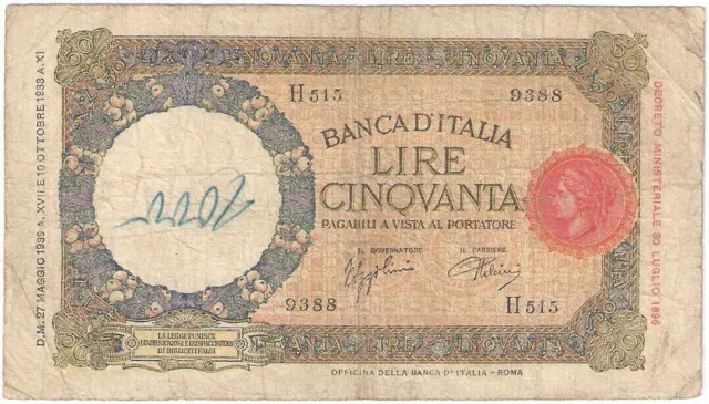 Italy banknote - 50 cinqovanta lire - year 1939 - fascist dictatorship