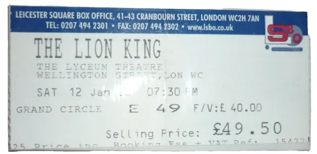 The Lion King, The Lyceum Theatre, London, 12th January 2008, Ticket