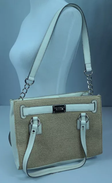 Dana Buchman Beige/White Hillary Straw Convertible Satchel Shoulder Bag Purse