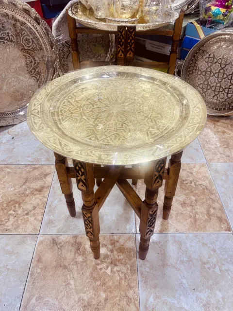 Moroccan Handmade Traditional Brass Tray Top Round Carved Wood 15,5’’ 2