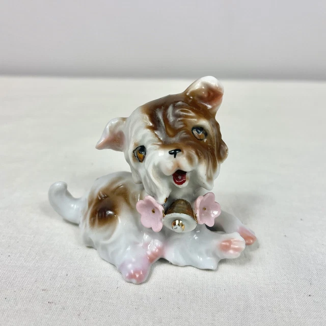 Vintage Dog Puppy Figurine Ceramic Porcelain Japan Flowers Terrier