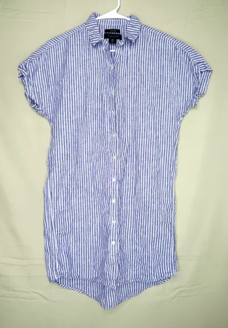 Tahari Linen Blue Striped Shirt Dress Womens Small Short Sleeves Mini Casual EUC