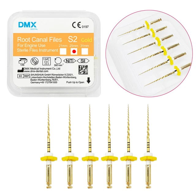DMX Dental Endodontic NITI Rotary Root Canal Files Gold Taper S2 25mm 6 Pcs/Pack