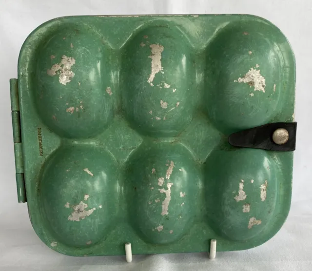 Antigua caja de transporte de almacenamiento de huevos de hojalata de metal verde patente kitchenalia