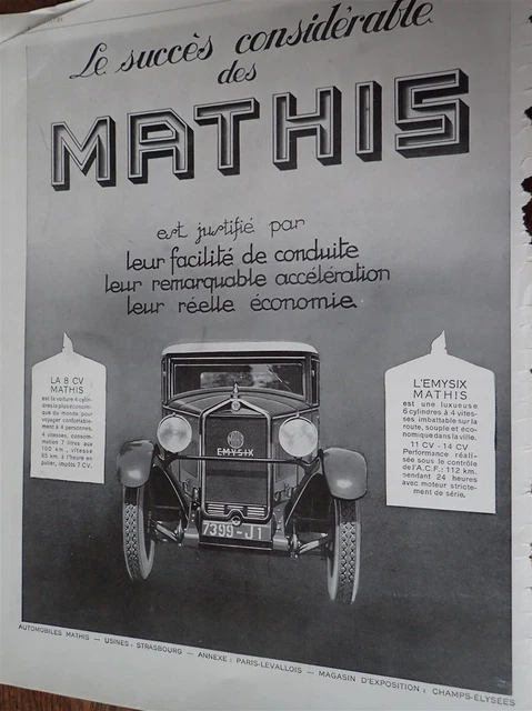 Publicité Ancienne Auto Mathis Torpédo 8 CV 1926 - Issue De Magazine, France