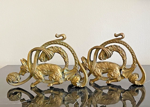 Antique Heavy Pair of French Fox Gilt Bronze Curtain Tiebacks Holder Brackets