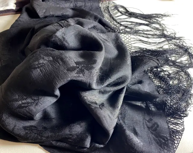 Mourning Shawl - Antique 19th Century Black Silk Damask Wrap  WW73