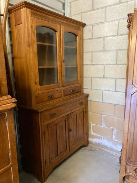 LATE 19TH CENTURY 2 PC Oak BUFFET KITCHEN CUPBOARD HUTCH, drawers, glass doors