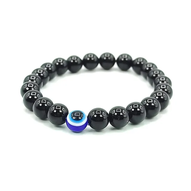 Natural Black Tourmaline with Evil Eye 8mm Beads Bracelet for Men and Women