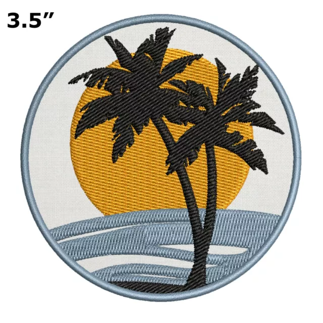 Beach Sun Palm Tree Ocean Waves Patch Embroidered Iron-On Applique Souvenir Gift