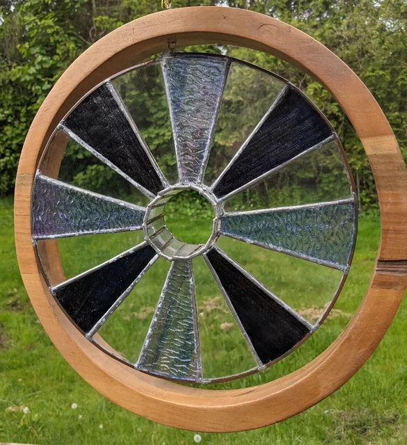 Handmade Large Round Wood Framed Stained Glass Art Piece