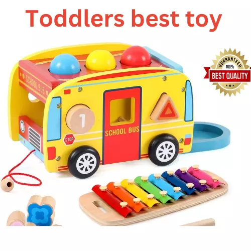 2 in 1 Bus Pull Along, Xylophone Wooden Towing Vehicle Toy  Shap Sorter Children