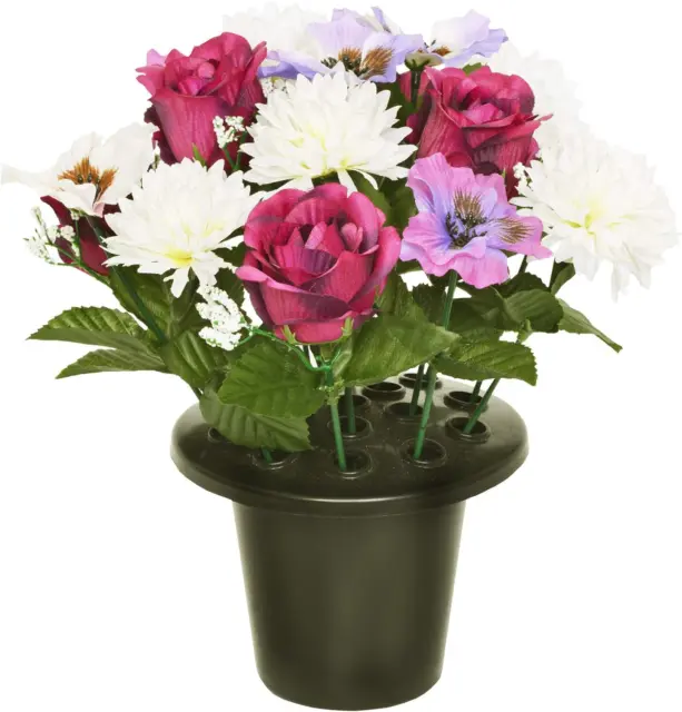 Everyday Floral ARTIFICIAL PURPLE PANSY CHRYSANTHEMUM & ROSE GRAVE POT WITH 16 -