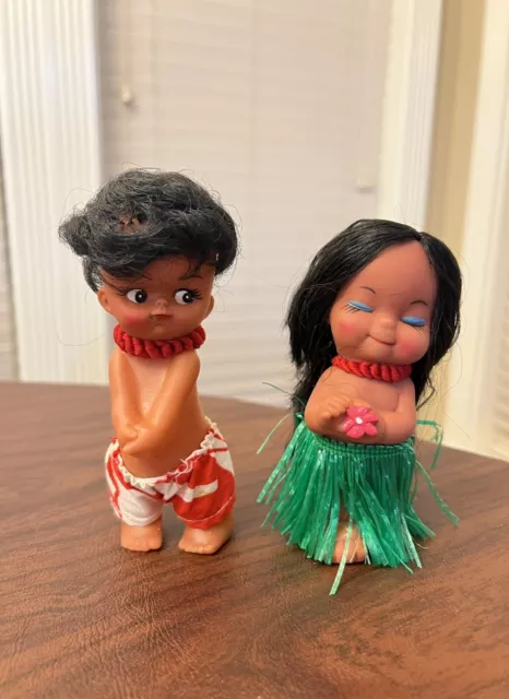Vintage Soft Rubber Hawaii Hula Girl and Boy Doll Toy Figures 5”