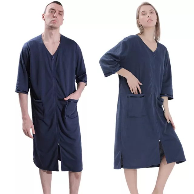 Women Men Bathrobe Housecoat Lounger Front Zip Up Robe Full Length Short Sleeve