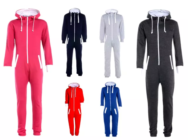 1Onesie Kids Boys Girls Plain Hooded All In One Jumpsuit Playsuit Sizes 5-16 Yrs