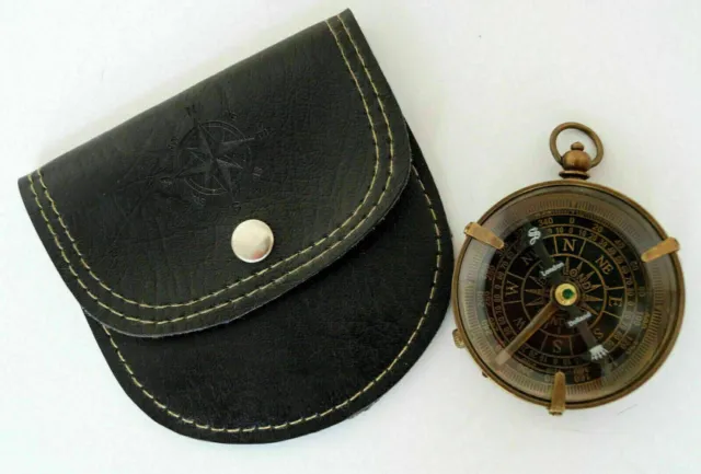 Vintage Antique Maritime Brass Camping Hiking 2" Compass With Black Leather Case