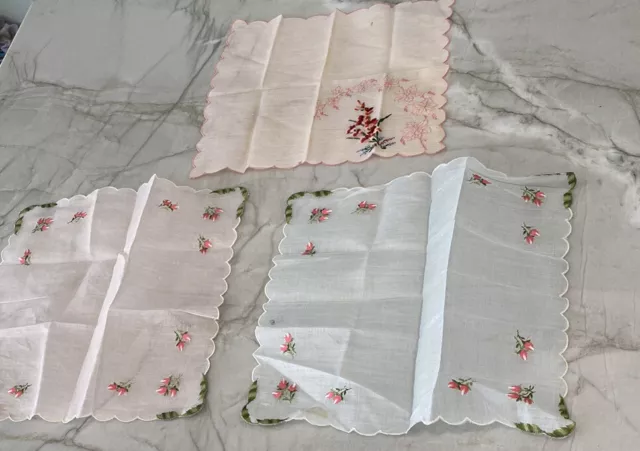 Vintage Lot of 3 floral scalloped napkins hankies embroidered