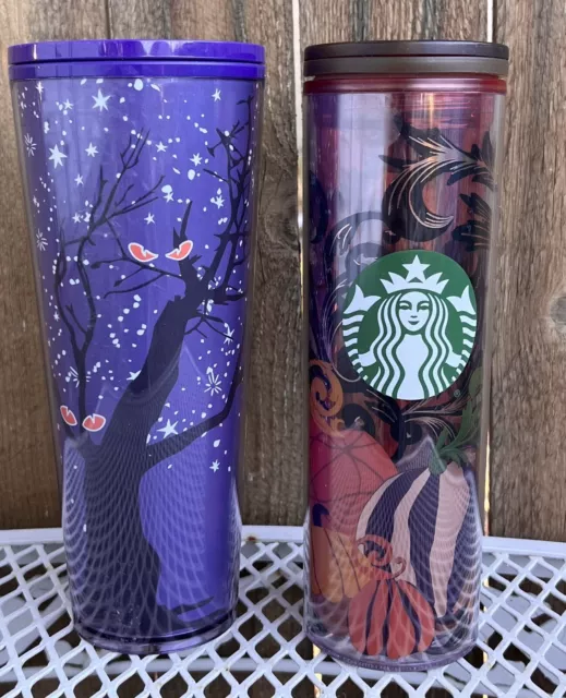 2 Starbucks Halloween Glow In Dark Purple Eyes Stars Tumbler & Pumpkin Black Cat