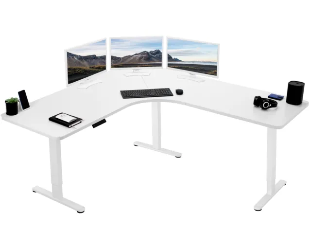 VIVO White Electric 71" x 71" Curved Corner Stand Up Desk